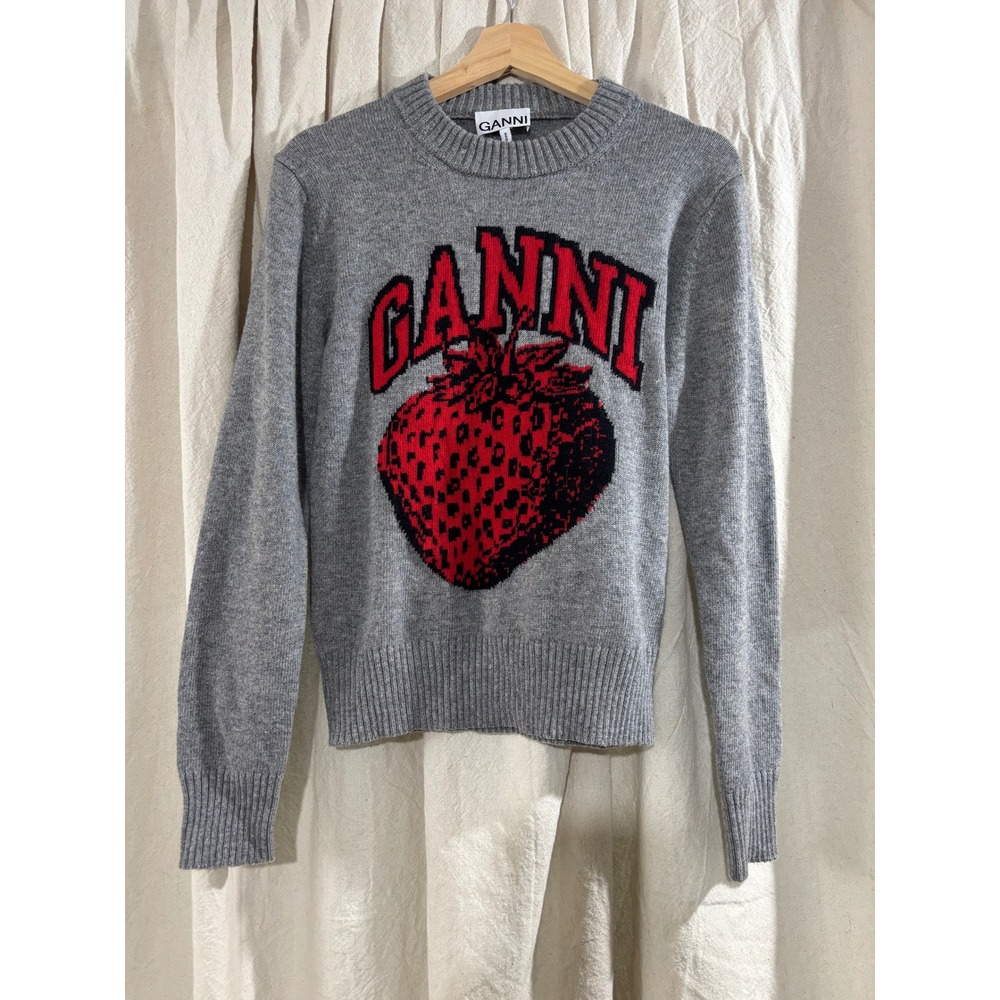 Ganni Grey Strawberry Intarsia Logo Wool Blend Crewneck Sweater Small BC.B 2562